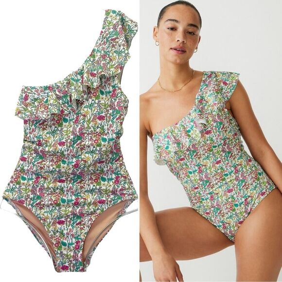 J. Crew Size 2 Ruffle One Shoulder Swimsuit Liberty Floral Print Recycled Fabric - Picture 1 of 14